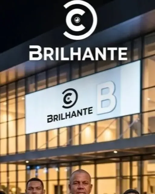 Equipe da Brilhante Segurança e Eventos na frente da fachada iluminada com o letreiro da empresa